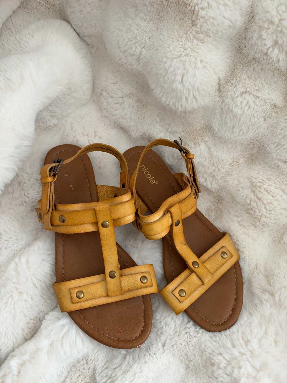 Nicole Mustard Yellow Studded T-Strap Wedge Sandals